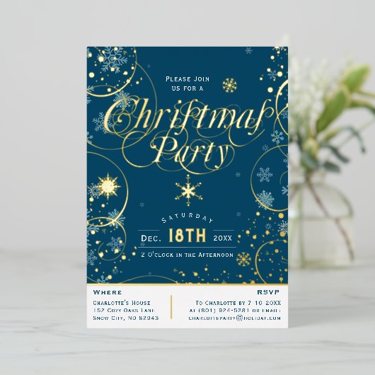 ウィンターホリデーネイビーブルースノーフレーククリスマスパーティー 箔招待状 (立ち正面)