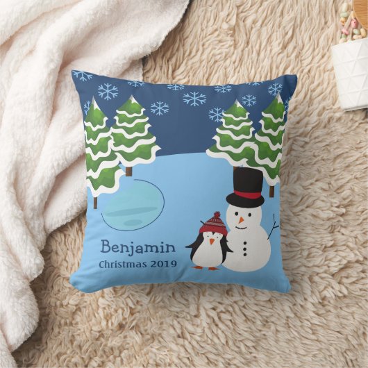 ウィンターホリデーペンギンと雪だるまクリスマス クッション (ブランケット)