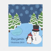 ウィンターホリデーペンギンと雪だるまクリスマス フリースブランケット (正面)