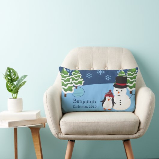 ウィンターホリデーペンギンと雪だるまクリスマス ランバークッション (椅子)