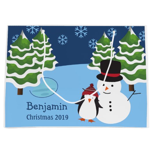 ウィンターホリデーペンギンと雪だるまクリスマス ラージペーパーバッグ (正面)