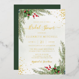 ウィンターホリデーボタニカルグリーンリーブライダルシャワー 箔招待状