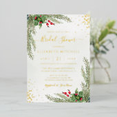 ウィンターホリデーボタニカルグリーンリーブライダルシャワー 箔招待状 (立ち正面)
