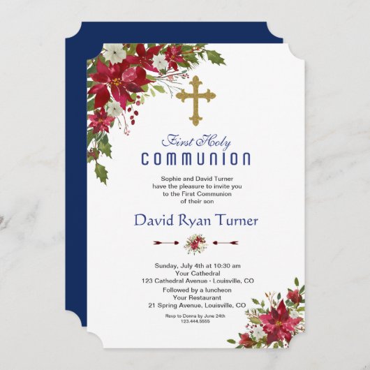 ウィンターホリデーレッドホワイトポインセチア聖餐式 招待状 (正面/裏面)