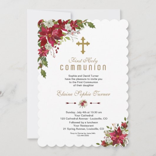 ウィンターホリデーレッドホワイトポインセチア聖餐式 招待状 (正面)