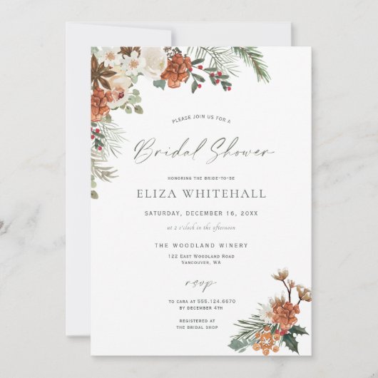 ウィンターホリデー素朴グリーンリーパインブライダルシャワー 招待状 (正面)