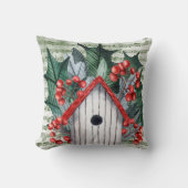 ウィンターホリーとバードハウスウォーターカラー クッション (正面)