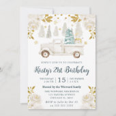 ウィンターホワイトと金ゴールドトラックフローラ誕生日 招待状 (正面)