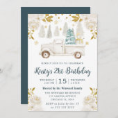 ウィンターホワイトと金ゴールドトラックフローラ誕生日 招待状 (正面/裏面)