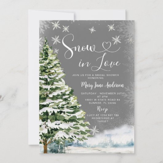 ウィンターホワイトスノーインラブエバーグリーンブライダルシャワー 招待状 (正面)