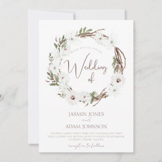 ウィンターホワイトタウペフローラクリスマスリース結婚ズ 招待状 (正面)