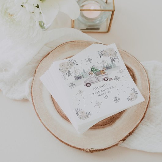 ウィンターホワイトフローラウッドランドベビーシャワー スタンダードカクテルナプキン
