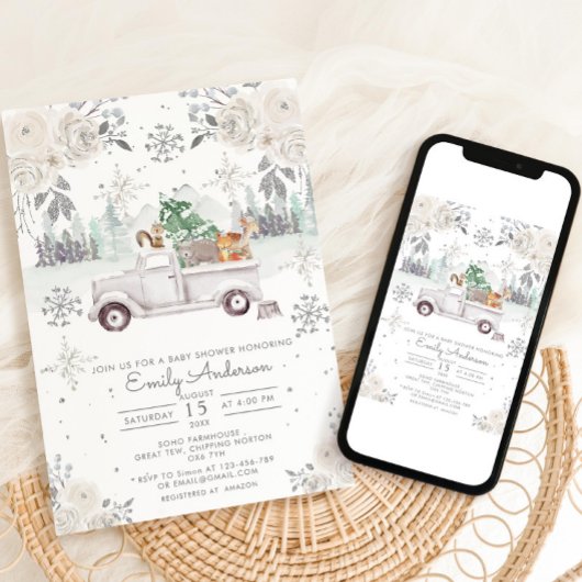 ウィンターホワイトフローラウッドランドベビーシャワー 招待状