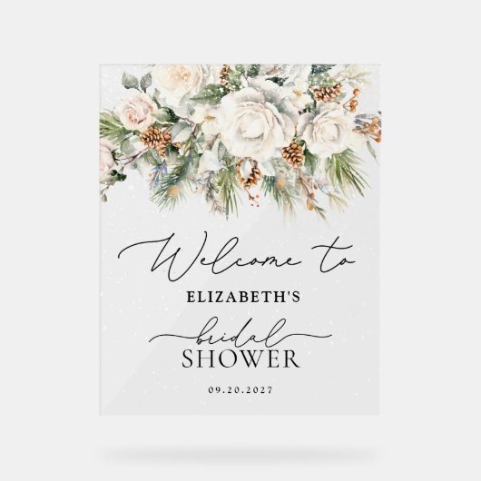 ウィンターホワイトフローラエレガントブライダルシャワーへようこそ アクリルサイン (正面)
