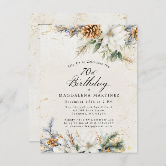 ウィンターホワイトフローラグリーンリー70誕生日 インビテーションポストカード (正面/裏面)