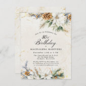 ウィンターホワイトフローラグリーンリー80誕生日 インビテーションポストカード (正面/裏面)