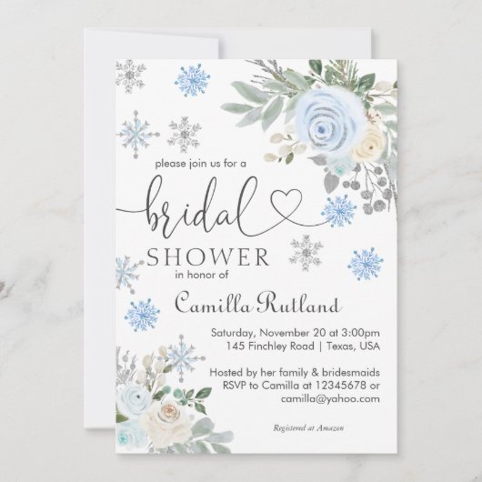 ウィンターホワイトフローラスノーフレークブライダルシャワー 招待状 (正面)