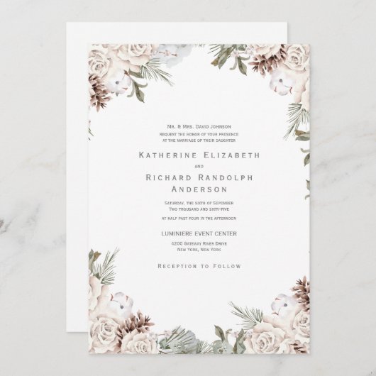 ウィンターホワイトフローラパインコーンワンステイ結婚ンス 招待状 (正面/裏面)