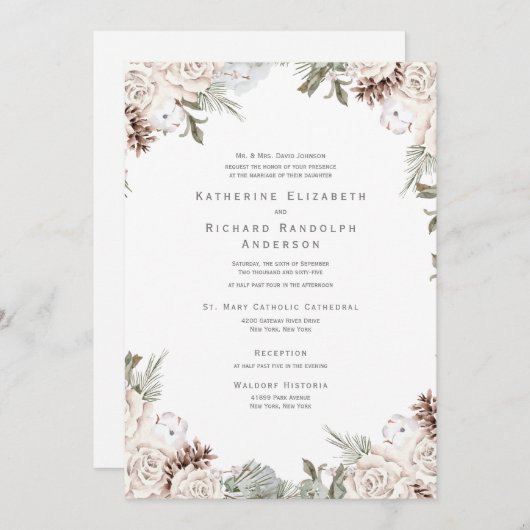 ウィンターホワイトフローラパインコーン結婚式招待状 招待状 (正面/裏面)