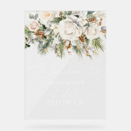 ウィンターホワイトフローラ緑のブライダルシャワーへようこそ アクリルサイン