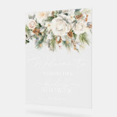 ウィンターホワイトフローラ緑のブライダルシャワーへようこそ アクリルサイン (傾斜)