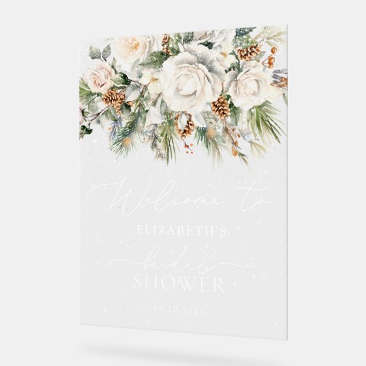 ウィンターホワイトフローラ緑のブライダルシャワーへようこそ アクリルサイン (傾斜)