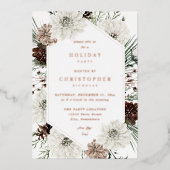 ウィンターホワイトフローラ&パインクリスマスまたは休日 箔招待状 (正面)