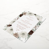 ウィンターホワイトフローラ&パインクリスマスまたは休日 箔招待状 (回転した状態)