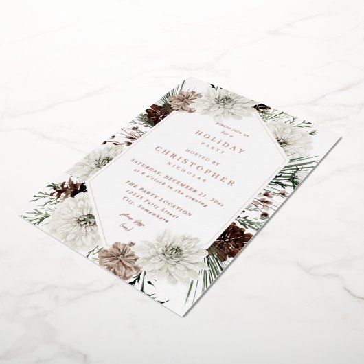 ウィンターホワイトフローラ&パインクリスマスまたは休日 箔招待状 (回転した状態)