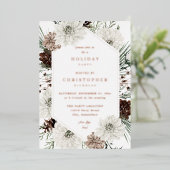 ウィンターホワイトフローラ&パインクリスマスまたは休日 箔招待状 (立ち正面)