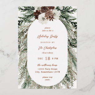 ウィンターホワイトフローラ&パインツリークリスマス 箔招待状