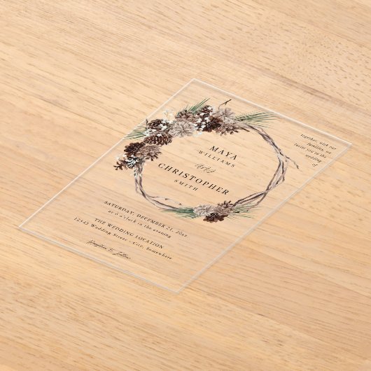 ウィンターホワイトフローラ&パイン結婚ズリース アクリル招待状 (レイダウン)