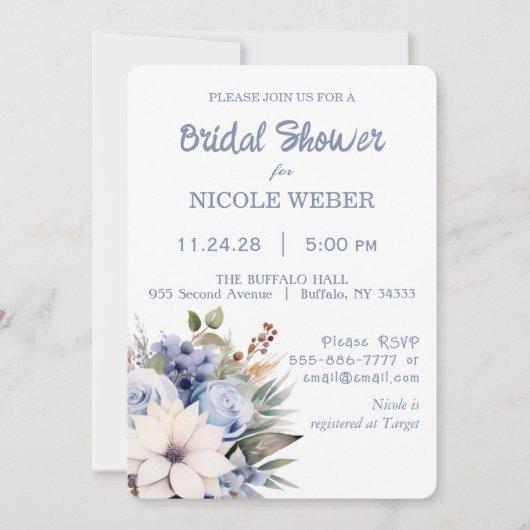 ウィンターホワイトブルーフローラブライダルシャワー招待 招待状 (正面)