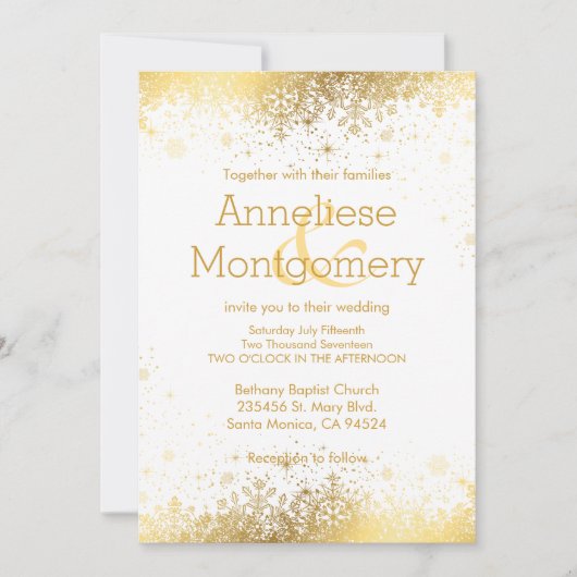 ウィンターホワイト&金ゴールドスノーフレーク結婚式招待状 招待状 (正面)