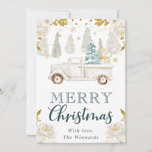 ウィンターホワイト&金ゴールドトラックフローラクリスマスホリデー シーズンカード (正面)