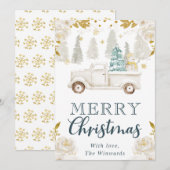 ウィンターホワイト&金ゴールドトラックフローラクリスマスホリデー シーズンカード (正面/裏面)