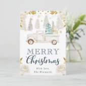 ウィンターホワイト&金ゴールドトラックフローラクリスマスホリデー シーズンカード (スタンド正面)