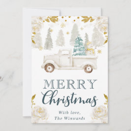 ウィンターホワイト&金ゴールドトラックフローラクリスマスホリデー シーズンカード