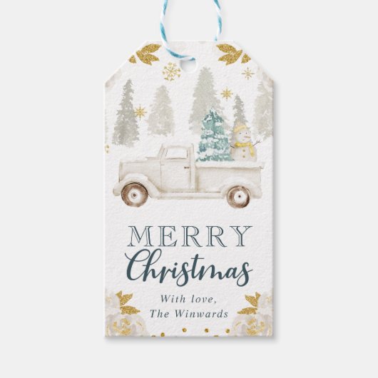 ウィンターホワイト&金ゴールドトラックフローラクリスマス ギフトタグ (正面)