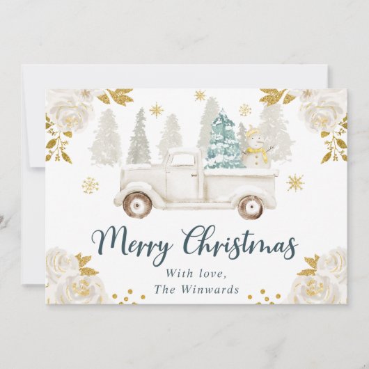 ウィンターホワイト&金ゴールドトラックフローラクリスマス シーズンカード (正面)