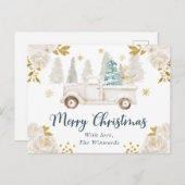 ウィンターホワイト&金ゴールドトラックフローラクリスマス シーズンポストカード (正面/裏面)