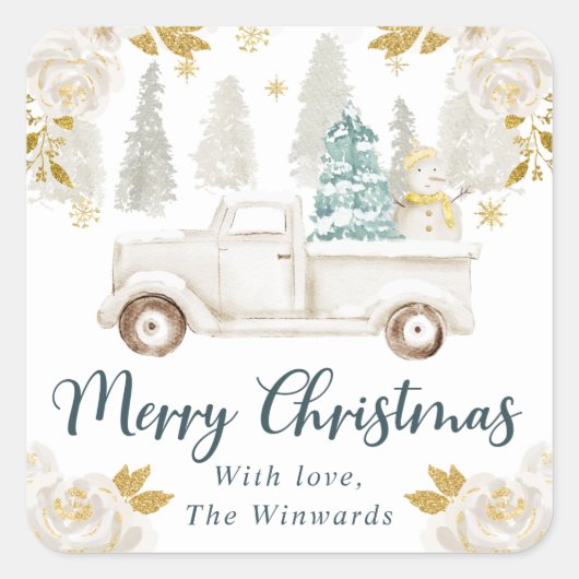 ウィンターホワイト&金ゴールドトラックフローラクリスマス スクエアシール (正面)