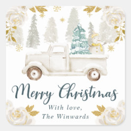 ウィンターホワイト&金ゴールドトラックフローラクリスマス スクエアシール