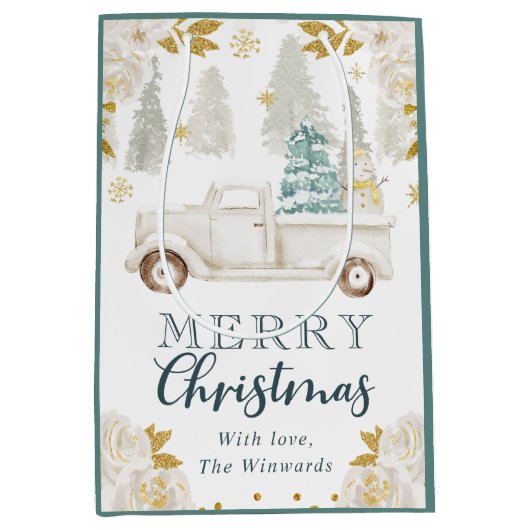 ウィンターホワイト&金ゴールドトラックフローラクリスマス ミディアムペーパーバッグ (正面)