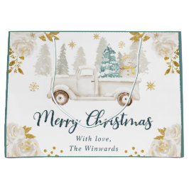 ウィンターホワイト&金ゴールドトラックフローラクリスマス ラージペーパーバッグ