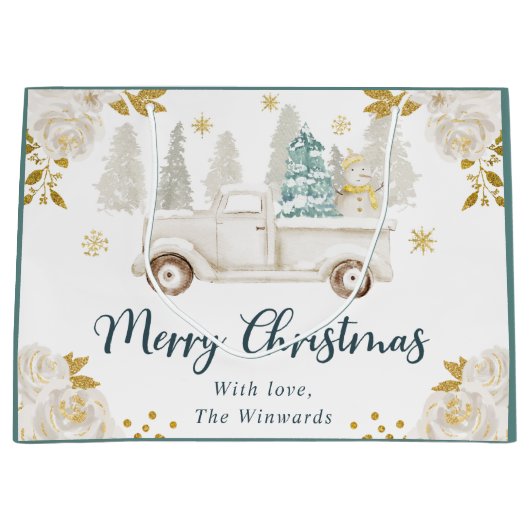 ウィンターホワイト&金ゴールドトラックフローラクリスマス ラージペーパーバッグ (正面)