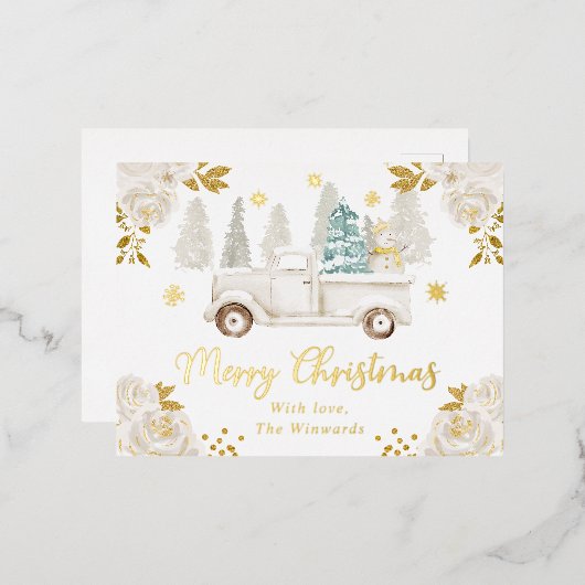 ウィンターホワイト&金ゴールドトラックフローラクリスマス 箔シーズンポストカード (正面/裏面)