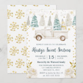 ウィンターホワイト&金ゴールドトラックフローラスウィート16 招待状 (正面/裏面)