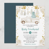 ウィンターホワイト&金ゴールドトラックフローラベビーシャワー 招待状 (正面/裏面)