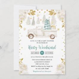 ウィンターホワイト&金ゴールドトラックフローラベビーシャワー 招待状